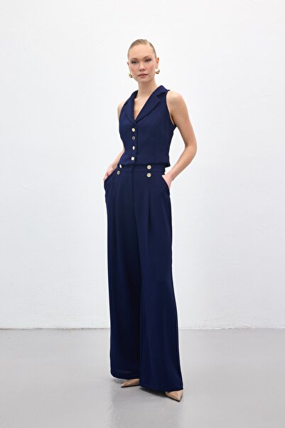 Sateen Eva Crepe Trousers - Navy Blue