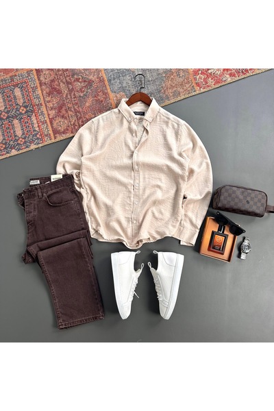 tiggir moda Men's Crinkle Linen Shirt and Jeans 2-Piece Set