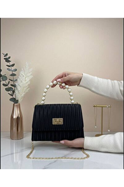 addy Siyah Çizgili Desenli İncili Gold Zincir Askılı Portföy Omuz Ve El Çanta...