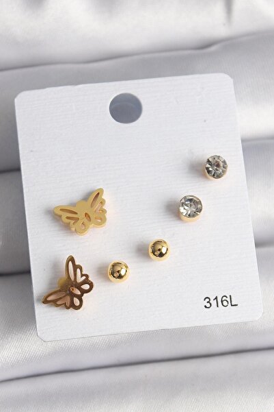 BUTİK AYVİTRİN 316L Steel Gold Color Zircon Stone Butterfly Figure Women's Ea...