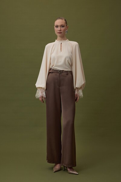 Sateen Lisa Belt Detailed Satin Trousers - Brown