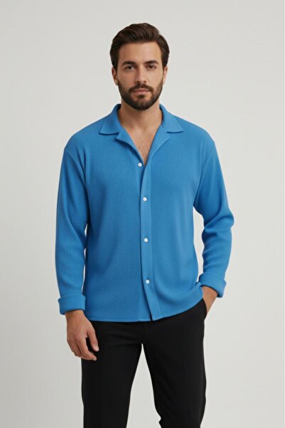 NO 601 Men's Petrol Blue Regular Fit Ribbed Ottoman Fabric Shirt