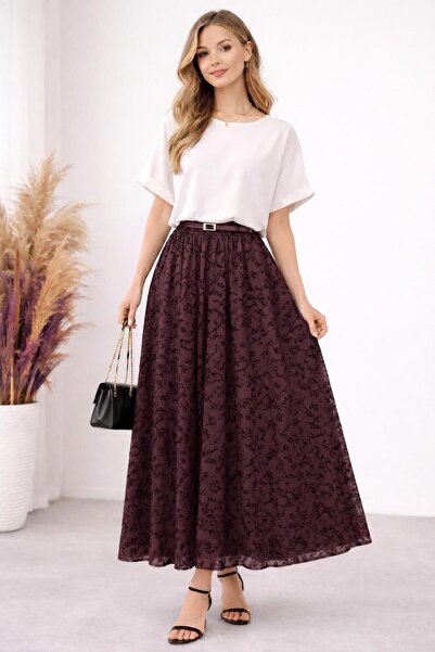 Avakado Flocked Printed Tulle Skirt with Elastic Waistband Detail