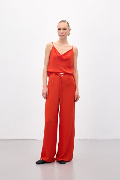 Sateen Belted Casual Trousers - Orange
