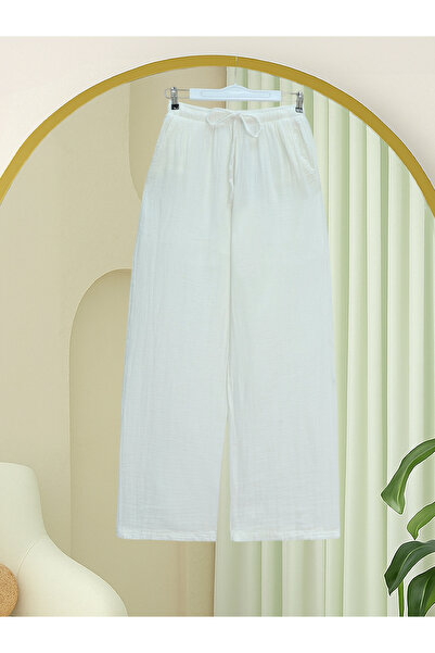 Modamorfo Elastic Waist Lace-Up Wide Leg Muslin Trousers - Ecru