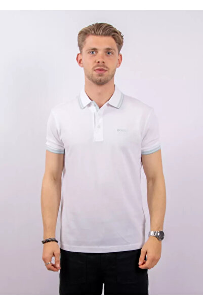 BOSS تي شيرت رجالي بأكمام قصيرة وياقة بولو وأطراف أكمام مخططة ملونة باللون ال...