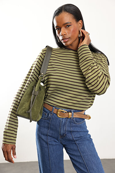 5in1Canpolat Khaki Striped Long Sleeve T-Shirt 0197
