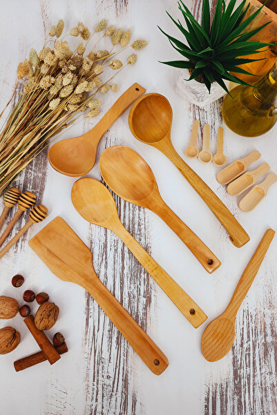 MONTESEV Ahşap Tahta Mutfak Kaşık Seti 15 Parça Kayın , Şimşir Ve Bambu Ağacı...