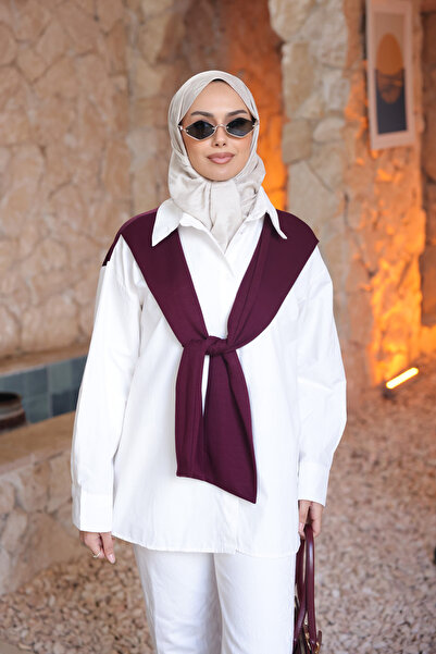 İmajButik White Plum Scarf Detailed Oversized Decorated Shirt
