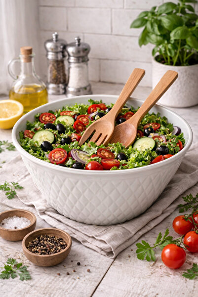 KELEN DEKORASYON Beyaz Salata Kasesi 3’lü Tahta Kaşık Tahta Çatal