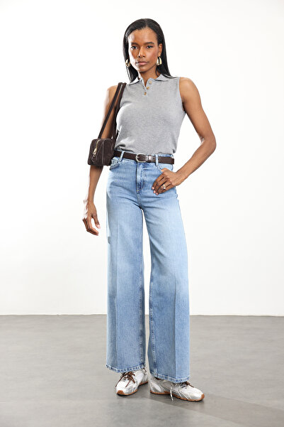 5in1Canpolat Blue High Waist Pocket Seamless Wide Leg Jeans