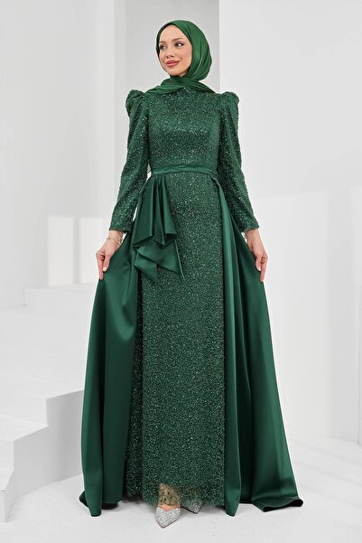 İmajButik Emerald Green Tailed Beaded Satin Evening Dress