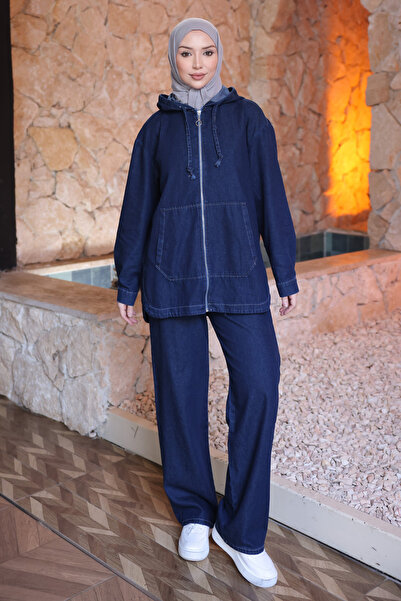 İmajButik Navy Blue Hooded Pocket Denim Jacket and Trousers Set