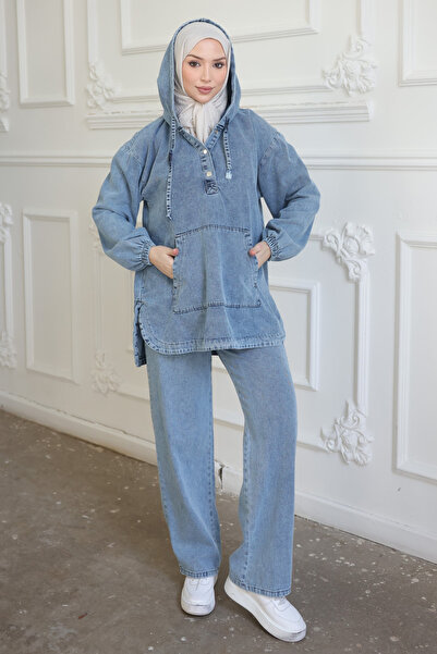 İmajButik Blue Hooded Elastic Sleeve Tunic and Trousers Denim Set