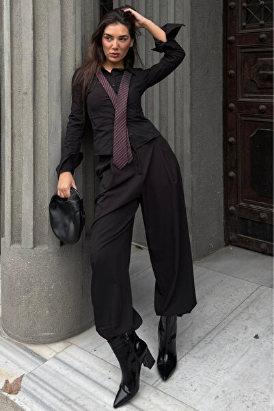 Madmext Black Pleated Pocket Balloon Women's Trousers Mg2692