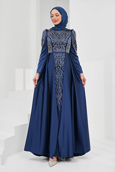 İmajButik Navy Blue Satin Evening Dress with Stones on the Front