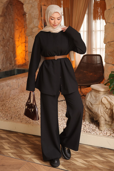 İmajButik Black Belted Jacket and Trousers Set