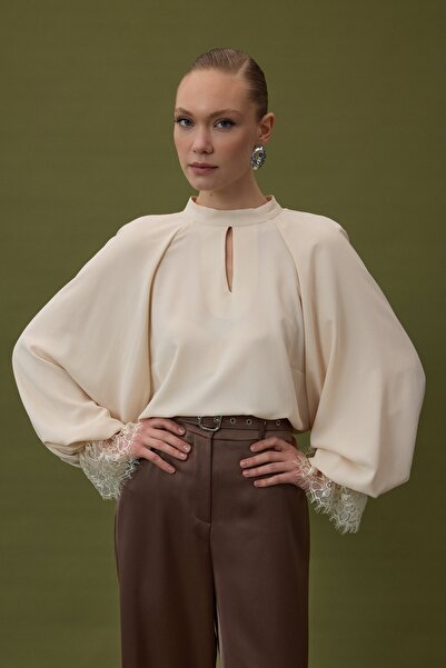 Sateen Lace Detailed Long Sleeve Blouse - Beige