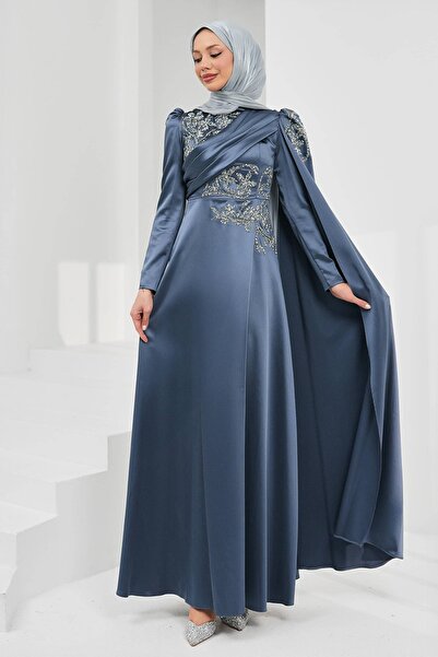 İmajButik Smoked Satin Evening Dress with Shoulder Cape and Stones
