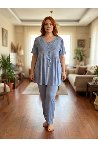 Lohussa New Season Aviator Blue Summer Design Button Detailed Short Sleeve Pl...