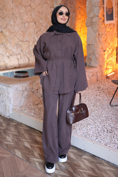 İmajButik Brown Waist-Tie Tunic with Trousers Modal Set