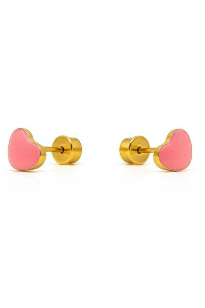 earss Pink Heart Stud Earrings For Kids and Women, Gold Plated