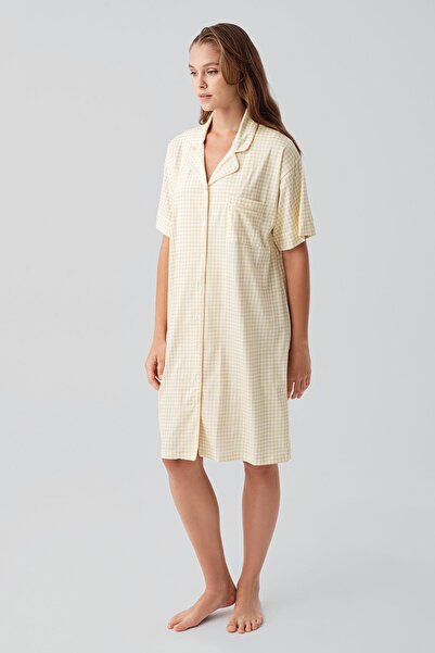 Artış Short Sleeve Buttoned Stretchy Cotton Nightgown
