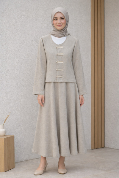 Kirazgym Leather Detailed Buttoned Front Skirt Thessaloniki Suit - Stone