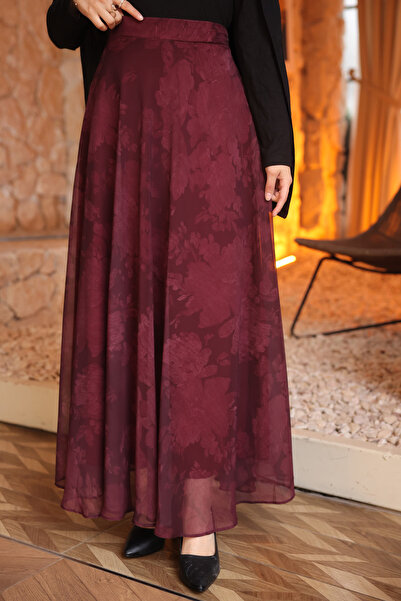 İmajButik Burgundy Patterned Chiffon Skirt with Elastic Waist