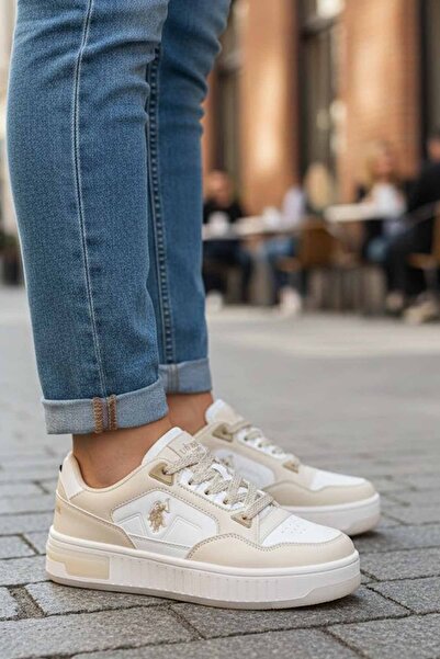 U.S. Polo Assn. Women's Beige Sneaker - Thick Sole Sports Shoes with Gold Logo