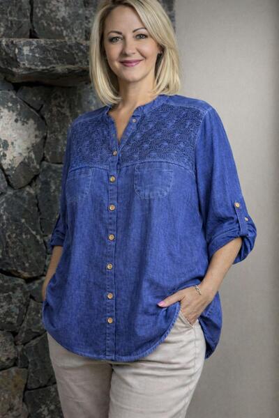 AGORATEKSTİL Women's Washed Cotton Fabric Plus Size Three Quarter Sleeve Mom ...