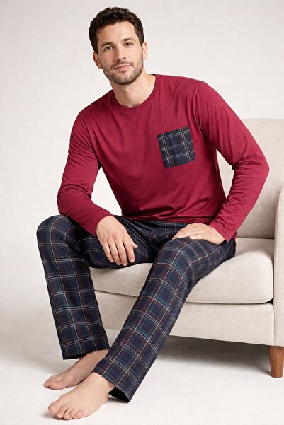 STELLAPİNK Erkek Penye Ekoseli Uzun Kollu Pijama Takımı