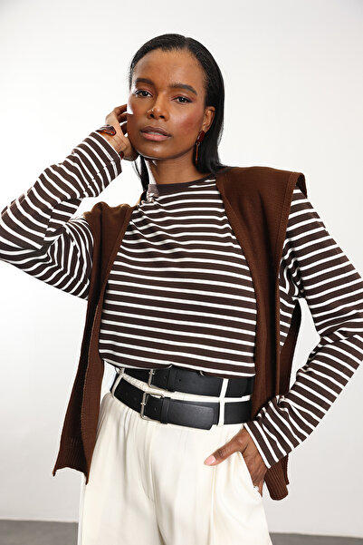 5in1Canpolat Brown Striped Long Sleeve T-Shirt 0197