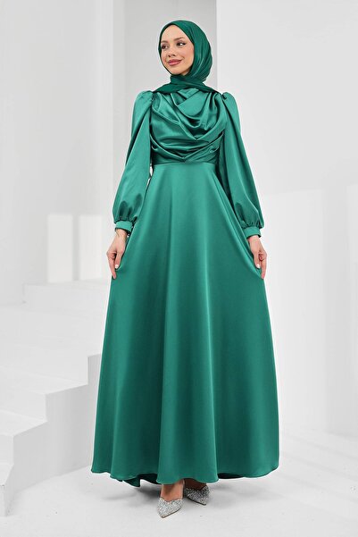 İmajButik Emerald Green Satin Evening Dress with Stones on the Front