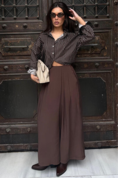Madmext Brown Relaxed Fit Pleated Women's Skirt Trousers with Pockets Mg2693