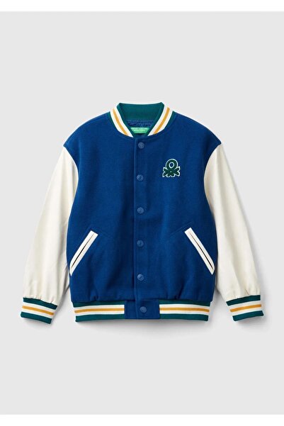 Benetton Boy's Cobalt Blue Buttoned Bomber Jacket with Embroidered Chest and ...