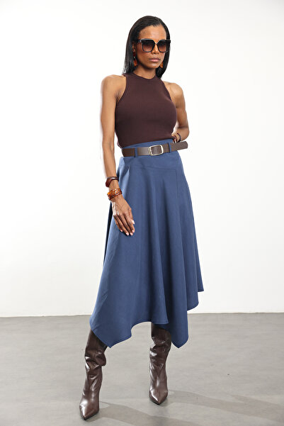 5in1Canpolat Fusta midi asimetrică cu centură albastră 580670