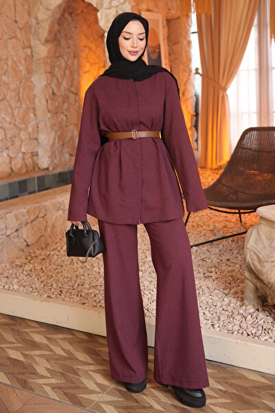İmajButik Burgundy Belted Jacket and Trousers Set
