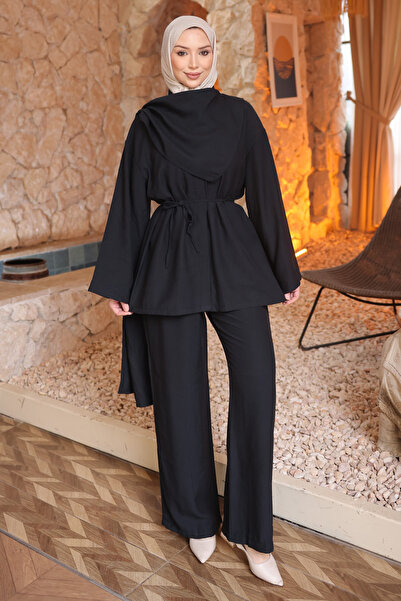 İmajButik Black Scarf Detailed Tunic and Trousers Set