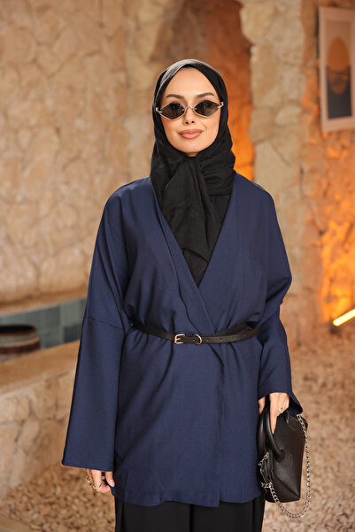 İmajButik Navy Blue Belted Double-Breasted Collared Casual Jacket