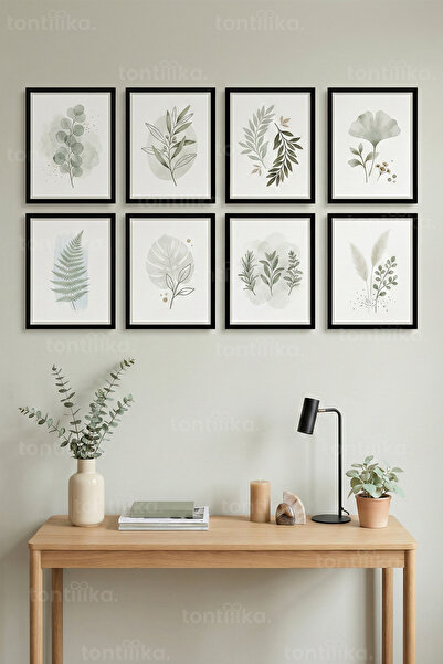 Tontilika 8 Parça Soft Yeşil Botanik Minimal Dekoratif Çerçeve Görünümlü Tabl...