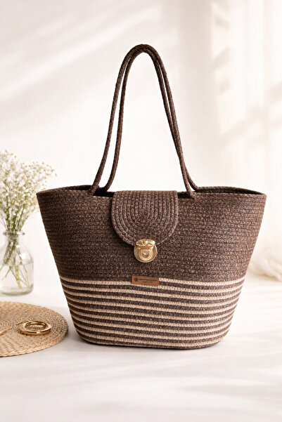 HandmadeSNM El Yapımı Hasır Görünümlü Çizgili Kadın Omuz Çantası – Gold Kilitli, Günlük & Yazlık Tote Çanta