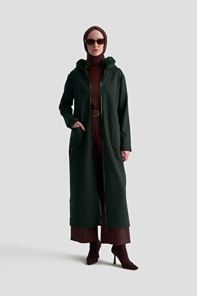 Armine TREND Kapüşonu Kürklü Boydan Fermuarlı Cepli Hırka Haki 25KT528