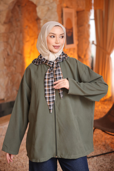 İmajButik Khaki Plaid Tie-Dye Hooded Jacket