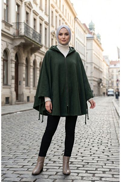 sefamerve Hooded Zippered Winter Knitted Poncho 0241-02 Green