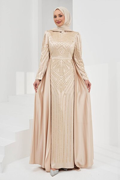 İmajButik Rochie de seară din satin bej cu pietre în față