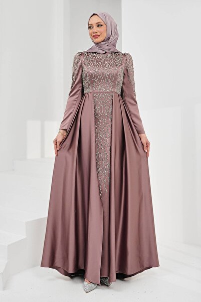 İmajButik Dark Mink Satin Evening Dress with Stones on the Front