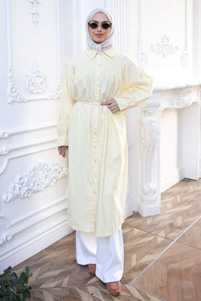İmajButik Yellow Oversize Buttoned Gabardine Tunic