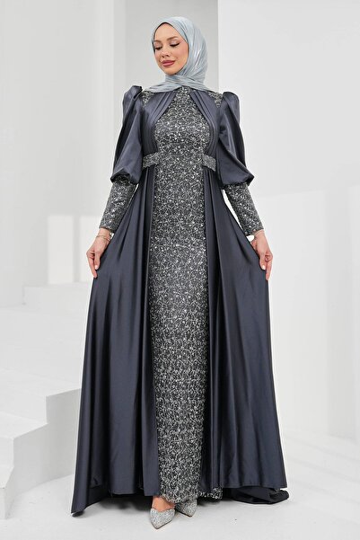 İmajButik Smoked Tail Beaded Embroidered Satin Evening Dress