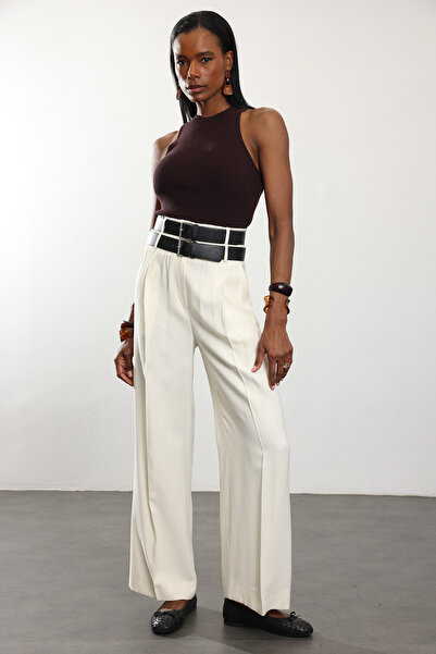 5in1Canpolat Ecru Double Belted Comfortable Cut Pants 1450